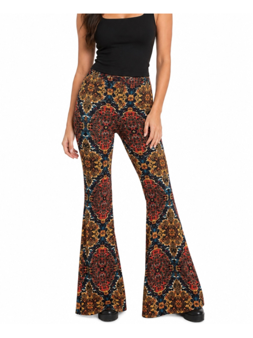 Women's Free People Boho Paisley Flare Leg Pants Size M Orange Yellow Patterned